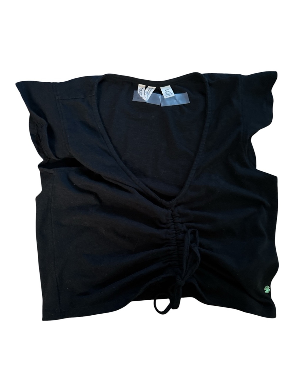 Roxy Black Ruched V-Neck Cap Sleeve Cropped Top Size Medium - Picture 2 of 3